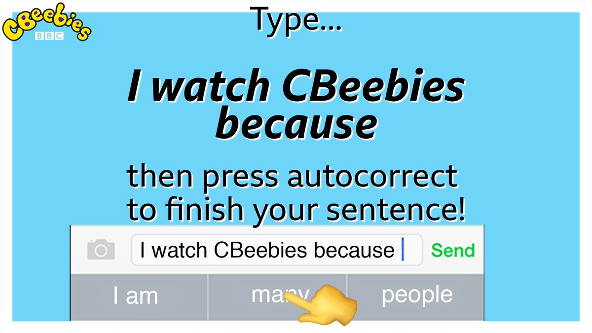 CBeebiesHQ's tweet image. I watch CBeebies because I'm not feeling good today.

🤔🤔🤔

What's your predictive text reason? 😂

Keep pressing that middle button folks 👇

#AutoCorrectFail
