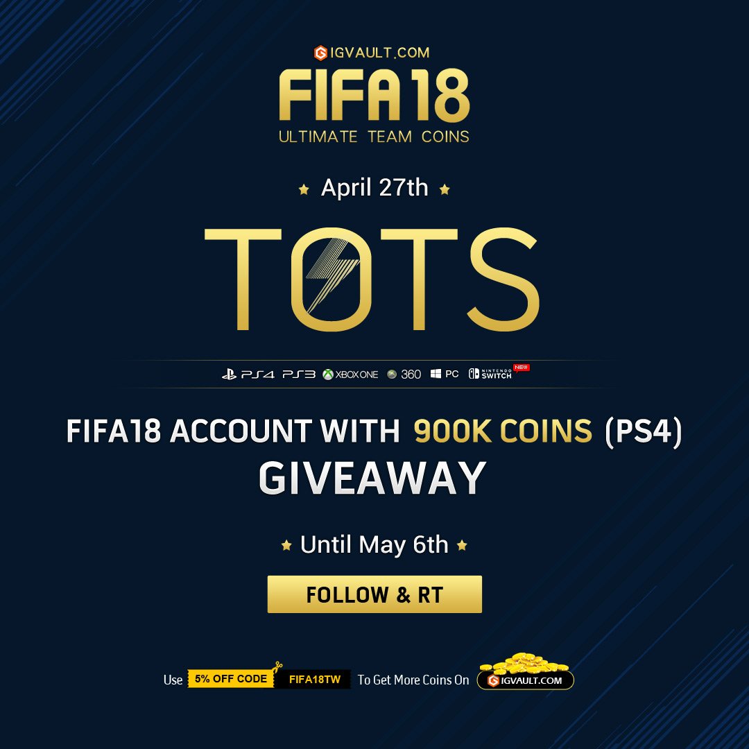 iFIFAHero's tweet photo. Get Ready For Your TOTS! #TOTS #FIFA18
😍900k coins-FIFA18 Accounts Giveaway😍
The Account Including 900k coins💗💗💗
Follow &amp; RT to Win for Your Best ! 
For more cheap #FUT18 coins, please check: https://t.co/R1rwhvOYiF 😝💗 https://t.co/cLkgB3CEC5