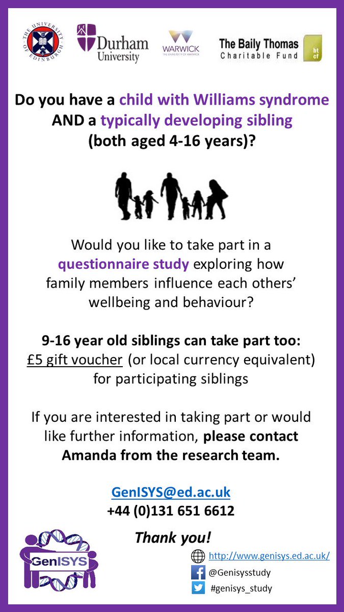 KatieCebula's tweet photo. We are looking for families with a child w. Williams syndrome and a sibling living in Canada, New Zealand, Australia or US to help us. Details below:
Grateful for RTs https://t.co/8Vs665qnYu