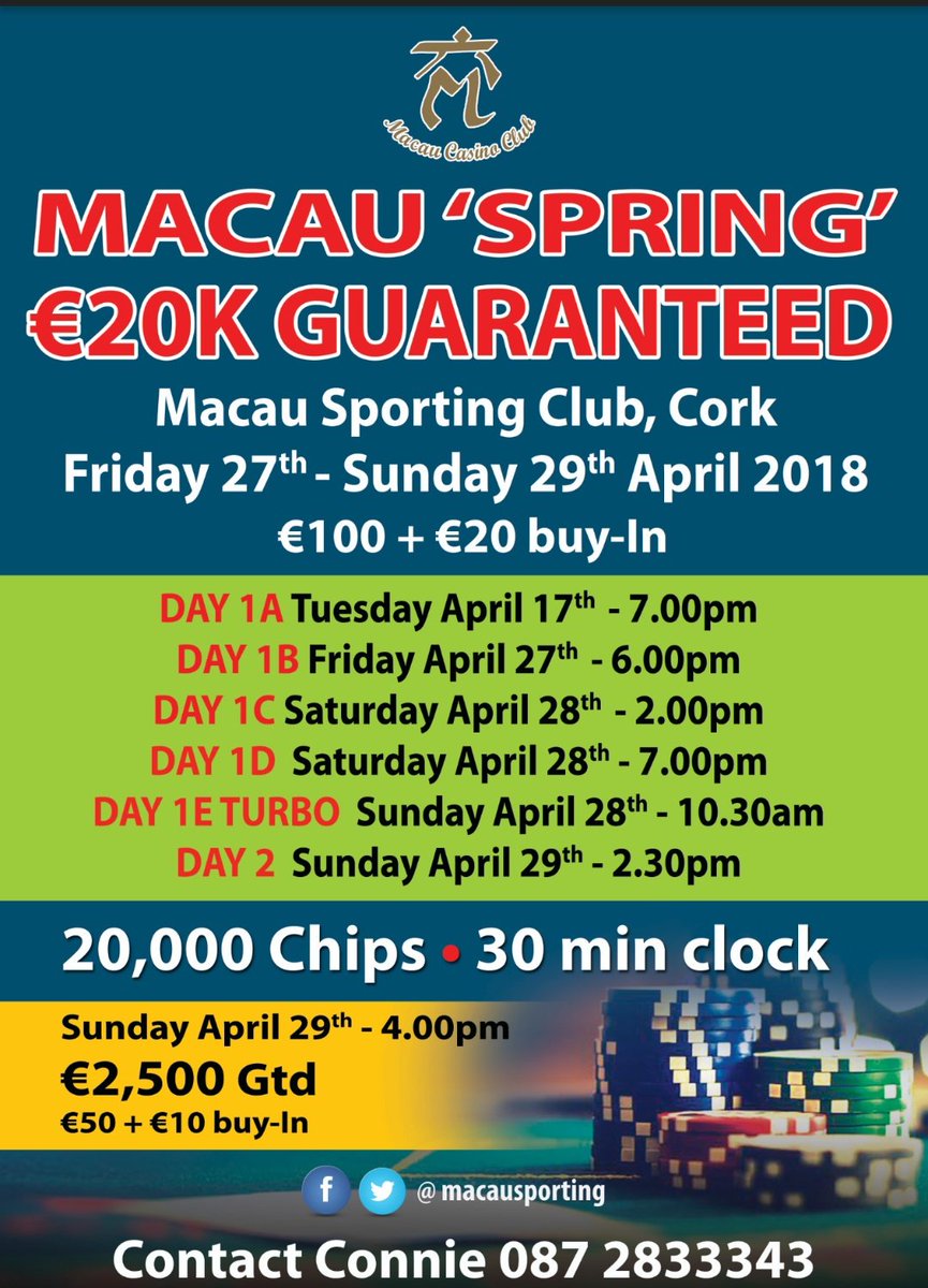 MSCCASINO's tweet image. Our inaugural €20k Guaranteed Macau Spring Championship #weekend #festival starts today.

Day 1B, 6pm

RT for a chance to win one of two half price re-entries to 1B  if your unfortunate enough to bust early.

@IrishPokerrank @IREPokerBoards #Cork #Ireland #poker #crossthebridge