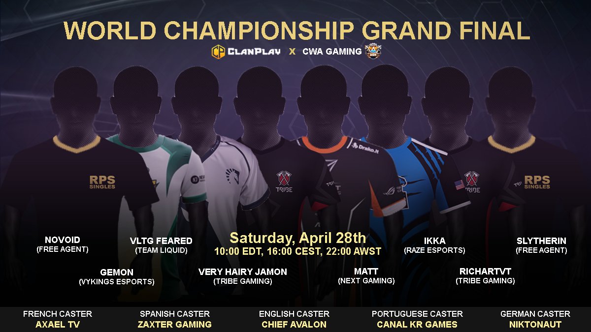 RPS Singles World Championship Grand Final!
🗓 Saturday, April 28th, 2018
🕗 10am EDT, 4pm CEST, 10pm AWST

🇬🇧: @ChiefAvalon
🇪🇸: <a href="/ZaxterAlexYT/">Alejandro Narváez🐰</a>
🇫🇷: <a href="/AxaelTV/">Axael TV</a>
🇩🇪: @Niktonaut
🇵🇹: <a href="/CanalKRGames/">KR Games</a>

Presented by @Clash_with_Ash 
Supported by <a href="/ClanPlayApp/">ClanPlay</a> 

#RPSsingles #RPShype