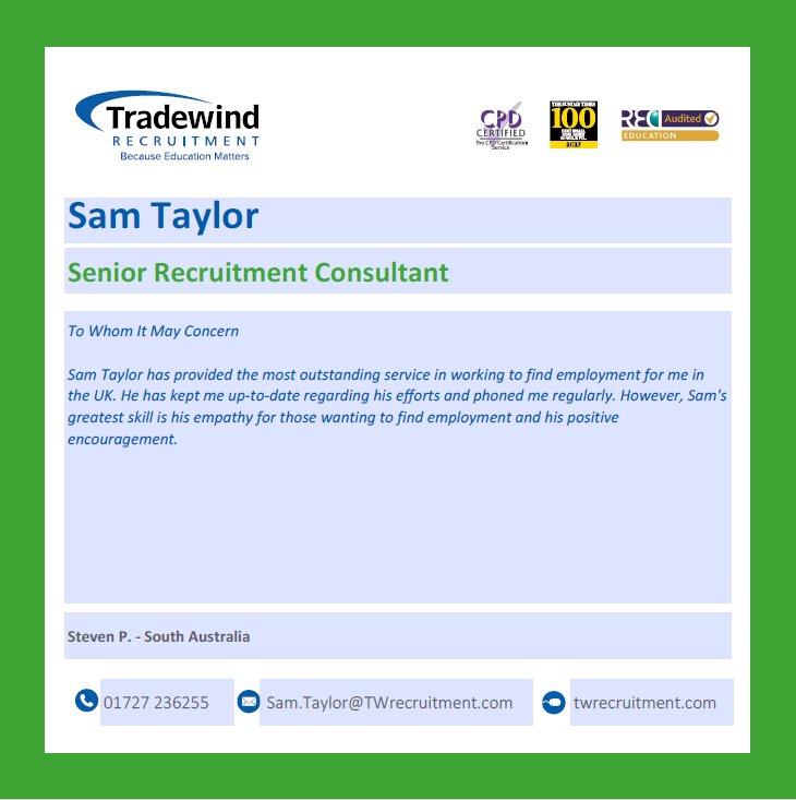 SamTWEducation's tweet image. Always nice to receive praise for doing a job you love! #recruitment #education #overseastrainedteachers #austrialianteacher #teacherrecruitment @mynewterm @TradewindAus @TradewindUK #ourpeoplemattermost