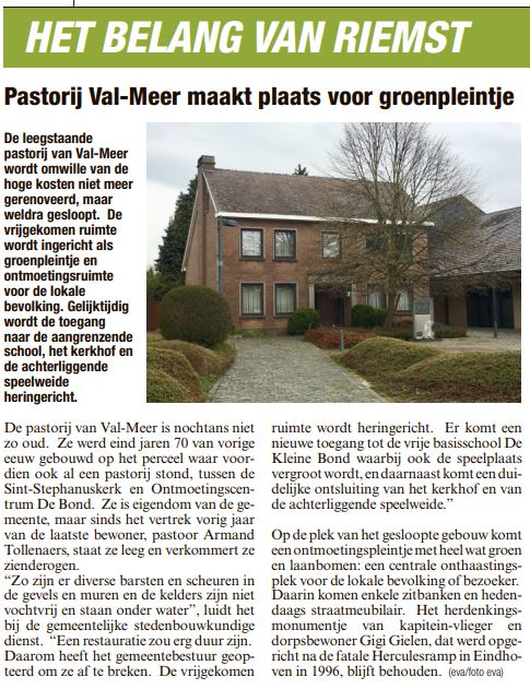 Bruisende en veilige dorpspleinen, ingericht als gezellige ontmoetingsplekken. Daar gaan we voor! Door de pastorij in Val-Meer te slopen, creëren we een open plein. Dat zorgt voor een directe verbinding naar de school, speelweide, kerkhof, kerk en zaal De Bond. #Actieplan2020