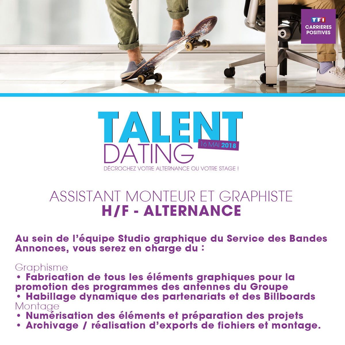 TF1Talents's tweet photo. #TalentDating2018 : 🌞 J-J 🌞 Dernier jour pour envoyer vos candidatures ! Vous êtes passionné(e) par les #médias, la #télévision et le #cinéma ? 🎥 Un poste de monteur / graphiste en #alternance est à pourvoir ➡️ https://t.co/kBeK1FYXra https://t.co/Ah5627o24Y