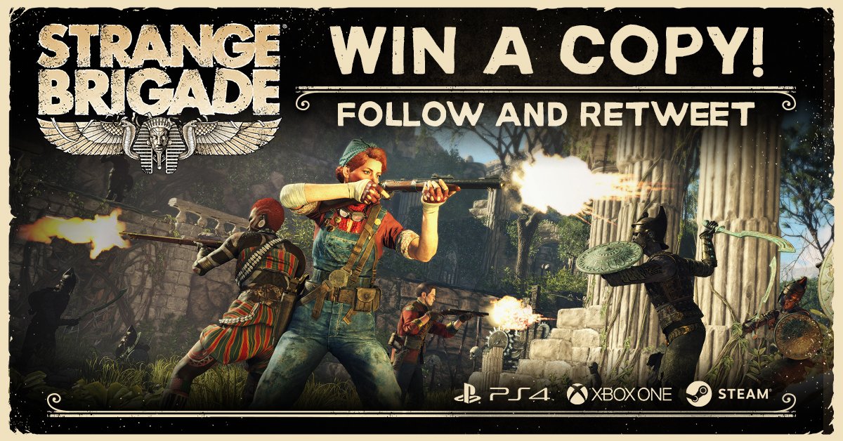StrangeBrigade's tweet photo. What-ho adventurer, how would you like to WIN a copy of #StrangeBrigade?

All you need to do is:
🏆 Follow @StrangeBrigade 
🏆 Retweet this tweet!

Winner will be announced on Monday 10AM UK - Good Luck! https://t.co/gxYspVsED4