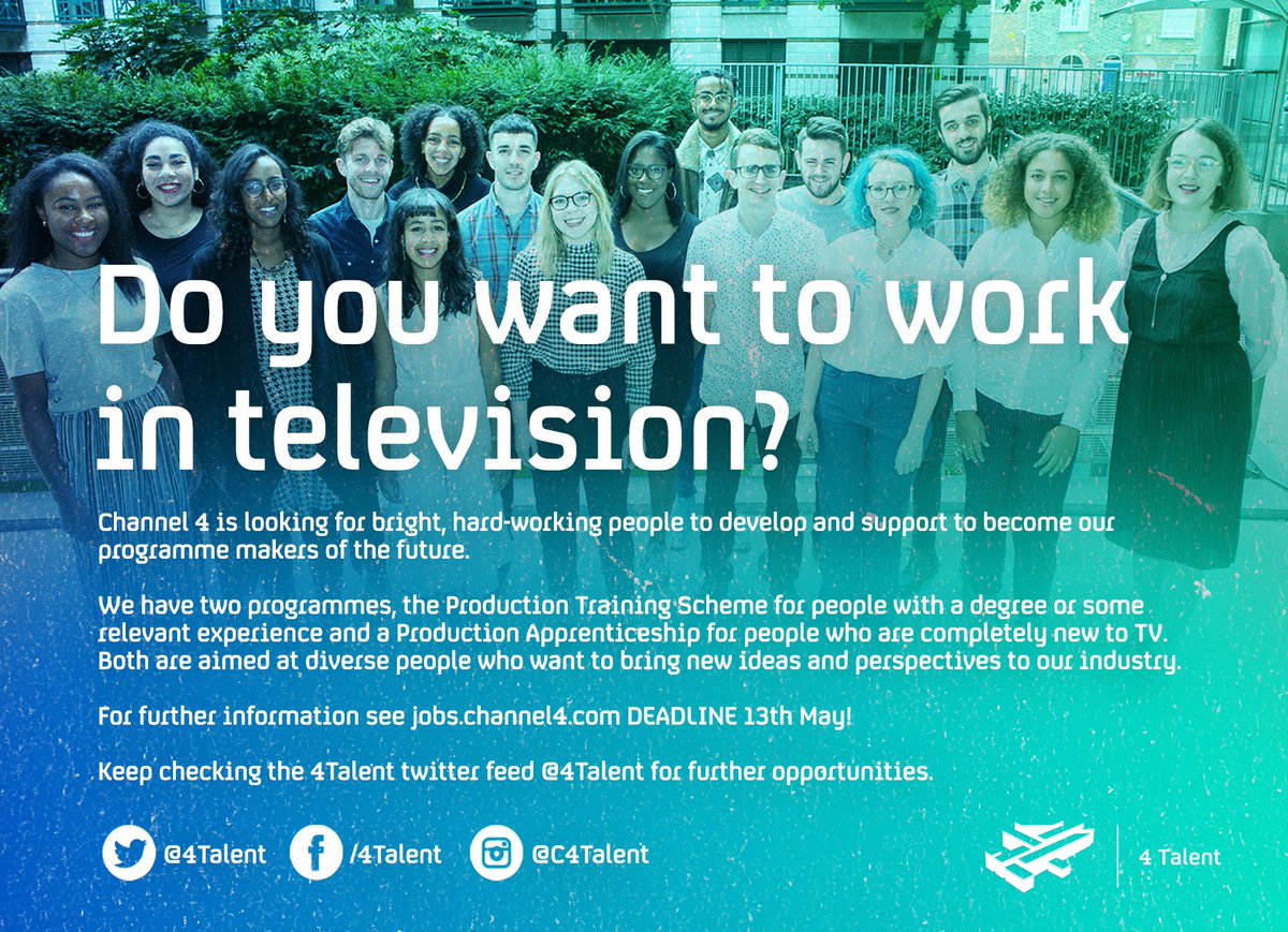 yenyau's tweet photo. Want to work in TV? Apply now for @4Talent Production Training Scheme.
Opportunities  across UK &amp; for the first time offering Production  Apprenticeships for people with no industry experience at all https://t.co/ucRE5ieKYJ #channel4 @getintofilm @CareersWeek @griersontrust https://t.co/bUaVmZk9V5