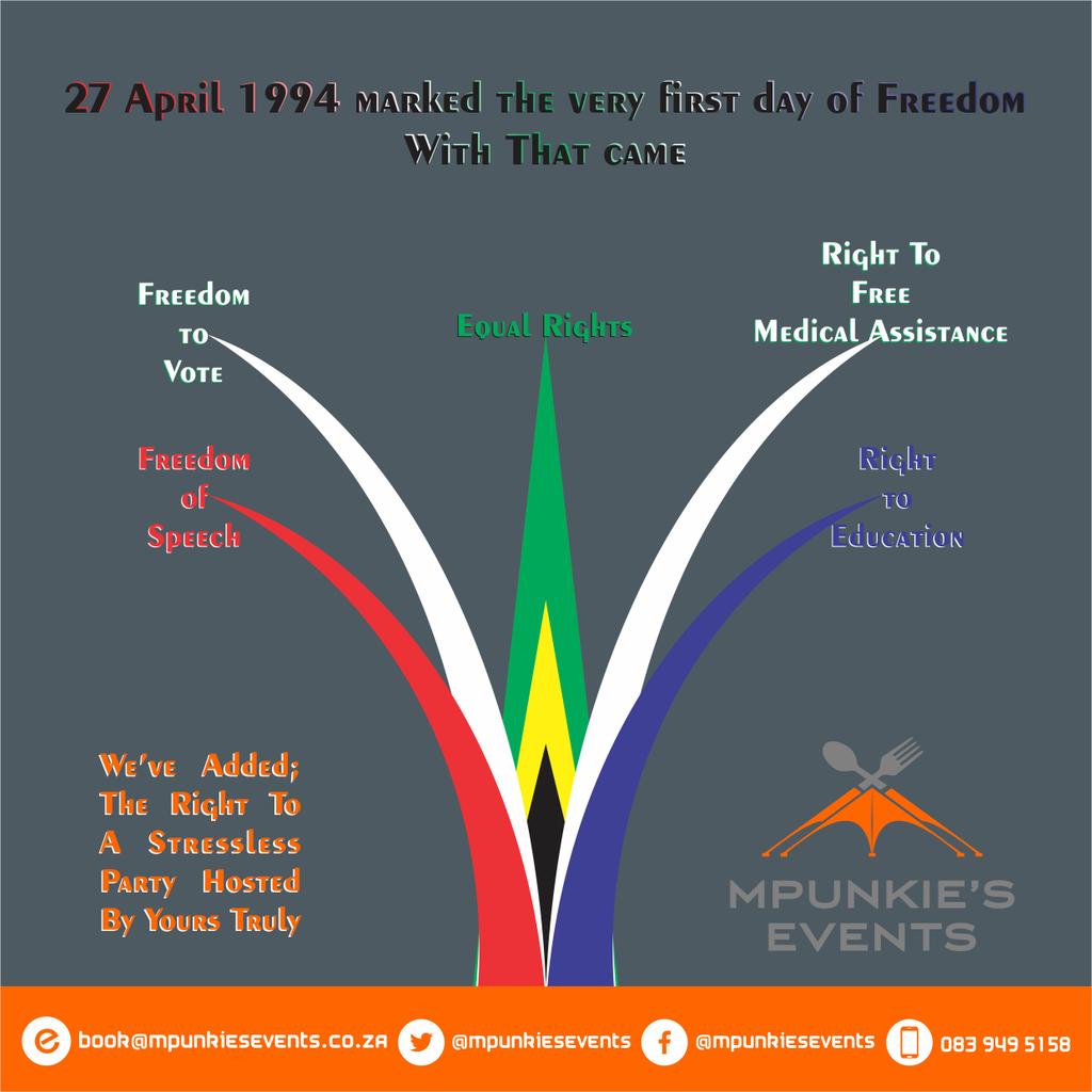 MpunkiesEvents's tweet photo. #27April Saw the shackles of apartheid broken down and all were equal before the eyes of all mankind.

Happy #FreedomDay to you South Africa https://t.co/uSxJHoWkDT