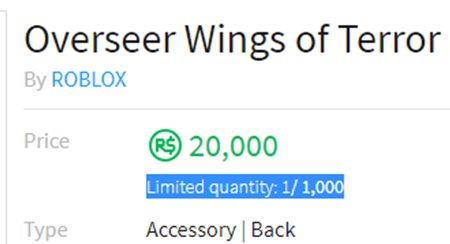 Roblox Notifier On Twitter Sold Out Overseer Wings Of Terror Price R 20000 Sold In 19 Days Https T Co Rnydseca4n - overseer wings of terror roblox