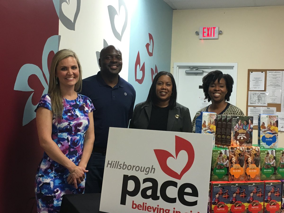 PACE_Hills's tweet photo. Members of AT&T Pioneers presented 125 boxes of Girl Scout cookies to PACE Center for Girls, Hillsborough students. AT&T Pioneers, a volunteer organization comprised of current and former AT&T employees, supports charities in the Tampa Bay region throughout the year. #GetonPACE https://t.co/b6G5F4fElY