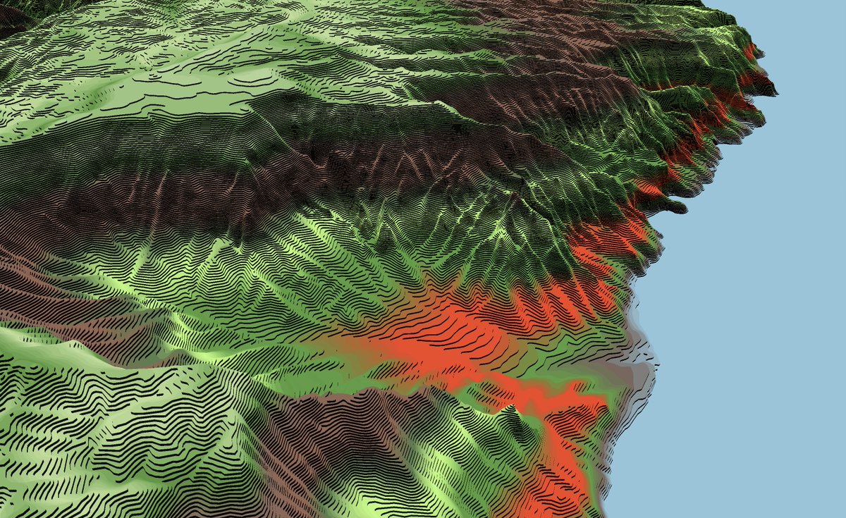 trieleven's tweet photo. This is Hawaii. Napali Coast (Kauai) + Koko Crater (Oahu) look so good in contours with hypsometric tints. Extruded vector terrain in @Mapbox Studio. #mapwithmapbox @EqMapbox https://t.co/4iFkALBJKS