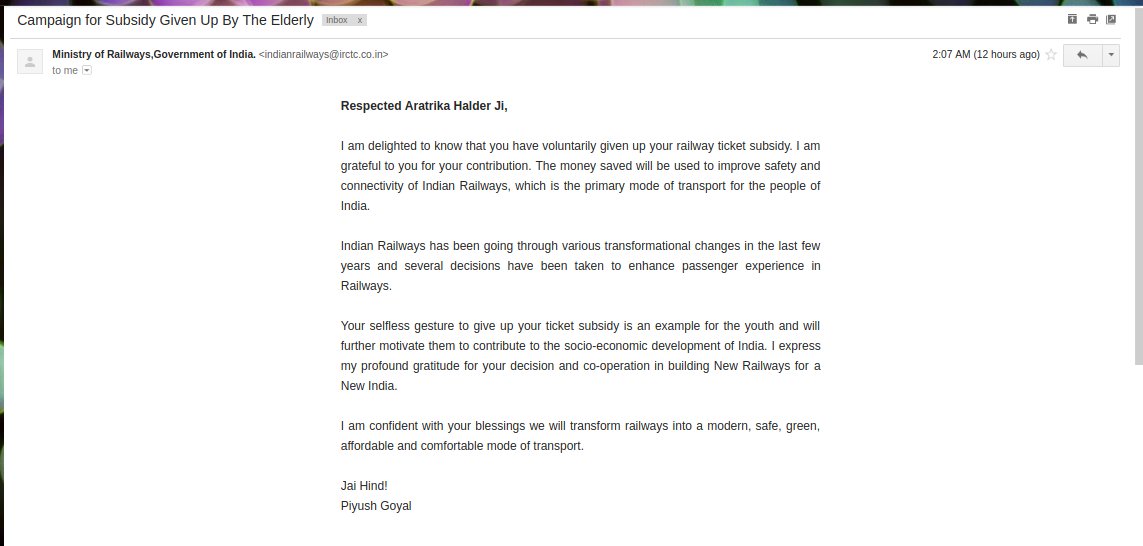 AratrikaH's tweet photo. Hey @PiyushGoyal and @IRCTCofficial what kind of bulldozing is this? I  did not consent to give up my subsidies. Heck, I didn't even know I was getting them in the first place! is there anyone else who has received this email, or is it just me? https://t.co/6kkyAAhm1B