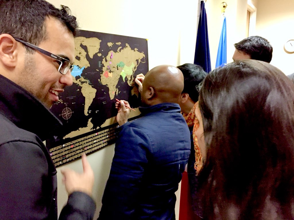 CleWorldAffairs's tweet image. We were lucky to have TWO “Social Entrepreneurship” #IVLP groups this week. Here is the 1st group thru @CulturalVistas scratching off their various home countries on the #ScratchMap