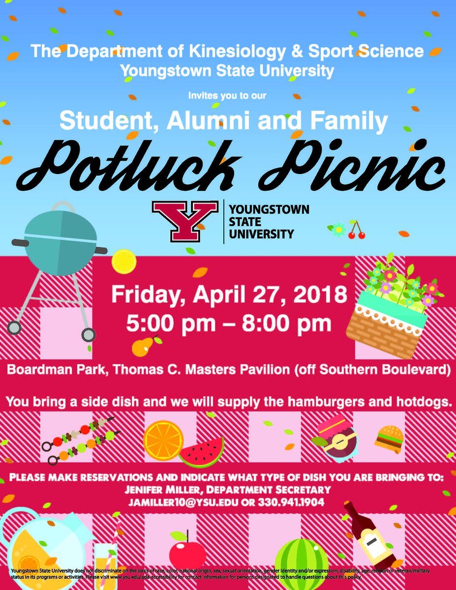 nm_mullins's tweet photo. ATTENTION: #YSU #ExerciseScience! Please join us for some fun, physical activity, food, & non-academic togetherness!
#picnic #stressrelief #finalexams #funphysicalactivity #kinesiology #getconnected #collegefriendships https://t.co/jXJy4nG8BH