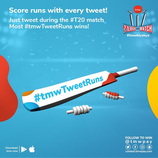 Introducing an exciting #contest for all <a href="/tmwpay/">tmw fintech pvt ltd.</a> #tmwkiyakya fans out there — #tmwTweetRuns!
Just tweet with "#tmwTweetRuns, <a href="/tmwpay/">tmw fintech pvt ltd.</a> &amp; tmw.is/gettheapp" during today's #T20 match, and max users with most tweets win!

Remember 1 tweet = 1 run!