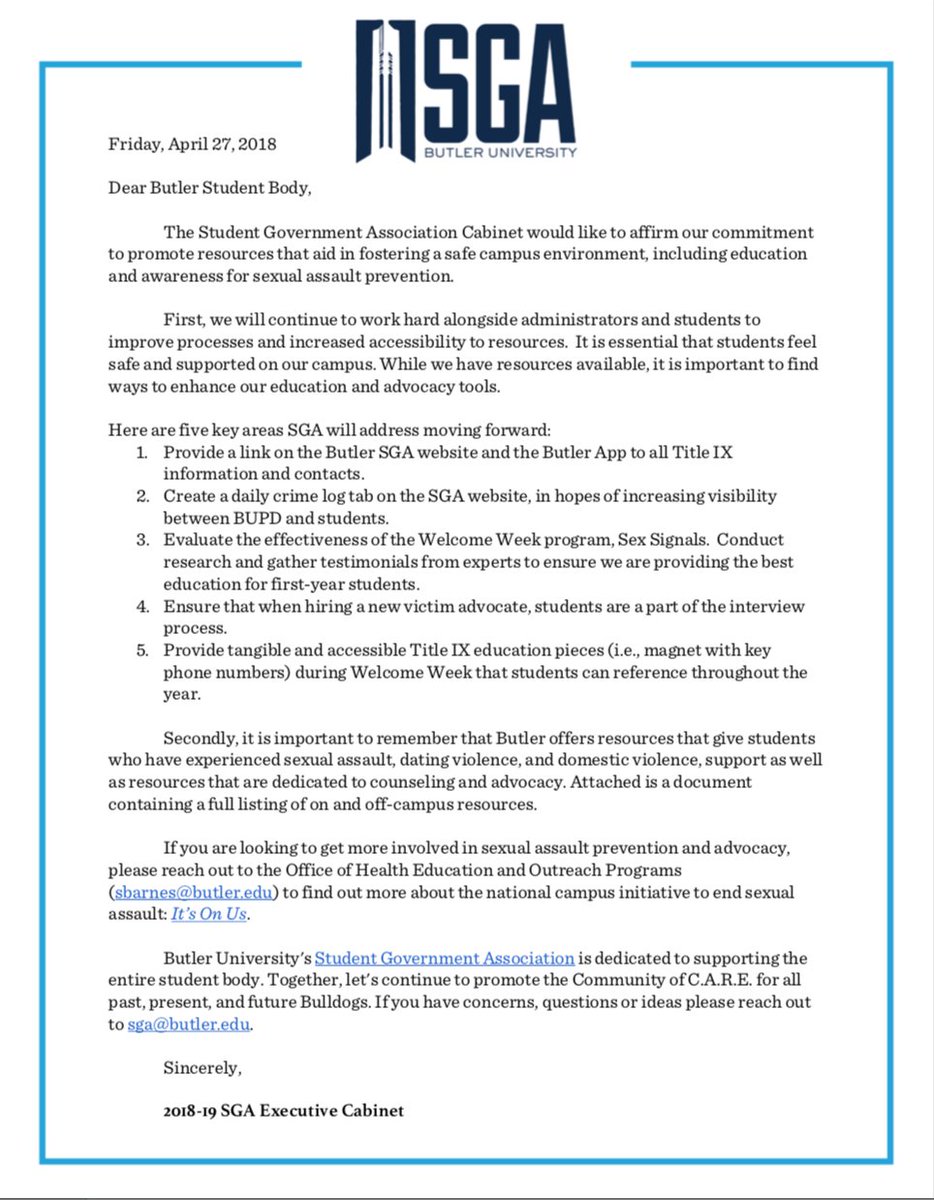 ButlerSGA's tweet image. A statement from your 2018-2019 Cabinet on sexual assault awareness and further plans of action.