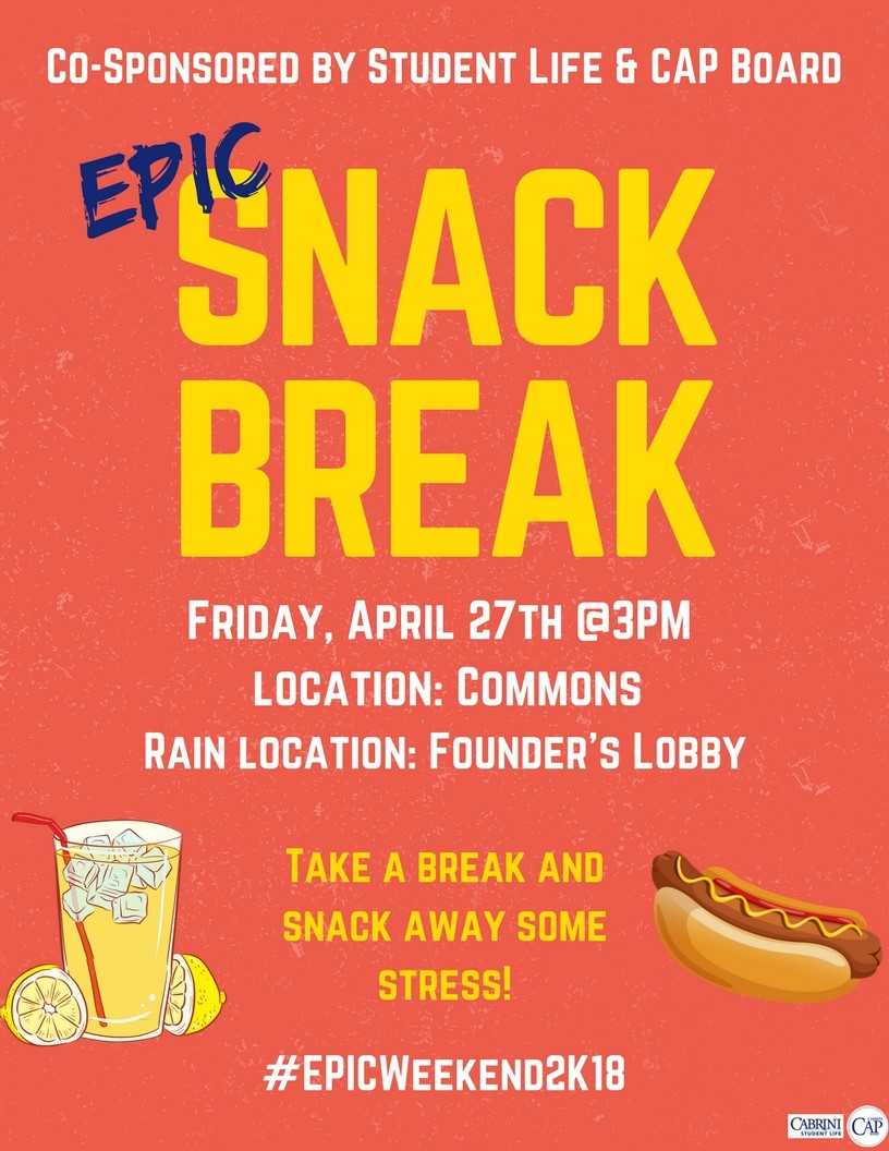 CabriniCommuter's tweet photo. Come out to Founders lobby for an Epic Snack Break starting at 3pm today! 
Also , BIG PRIZE BINGO is tonight all prizes are worth over $100, you don't want to miss this. https://t.co/eVraWniud5