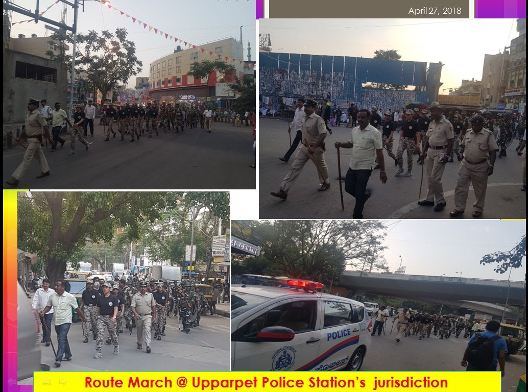 DCPWestBCP's tweet photo. ಇಂದು ಉಪ್ಪಾರಪೇಟೆ ಪೊಲೀಸರು ಅರೆಸೇನಾ ಪಡೆಗಳೊಂದಿಗೆ ವಿಧಾನಸಭೆ ಚುನಾವಣೆ-2018 ರ ಹಿನ್ನಲೆಯಲ್ಲಿ ಠಾಣಾ ಸರಹದ್ದಿನಲ್ಲಿ ಪಥಸಂಚಲನ ನಡೆಸಿರುತ್ತಾರೆ. 
|#ಶಾಂತಿಯುತಚುನಾವಣೆಯಕಡೆ #ನಮ್ಮಪಡೆಗಳನಡೆ| 
@Upparpetebcp |#KarnatakaElections2018  |#PoliceRouteMarch |#Majestic |#AreaDominationContinued.........@Blrcitypolice https://t.co/oBagFjVl9U