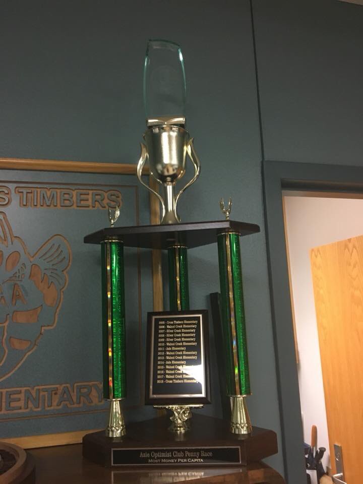 CrossTimbersEl's tweet photo. Azle Optimist Club presented Cross Timbers with the penny race trophy. Cross Timbers was the top raising elementary school and brought the trophy back for the first time since 2005!  Our top classes, Mrs. Clements and Ms. Williams also received a trophy and a pizza party! https://t.co/LsN9PrjaFZ