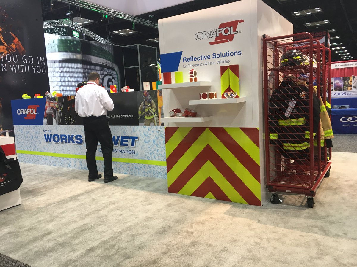 ORAFOL_Americas's tweet photo. Come see us at @FDIC booth 2301! We're demonstrating #ORALITE #V98 Pre-Striped #Chevron material, and you can see for yourself that ORALITE FTP2500 series fire trim works when wet! #reflectivefilm #vehicleconspo #firetrim #workswhenwet #EffectiveReflective https://t.co/UEdU2u1YoO