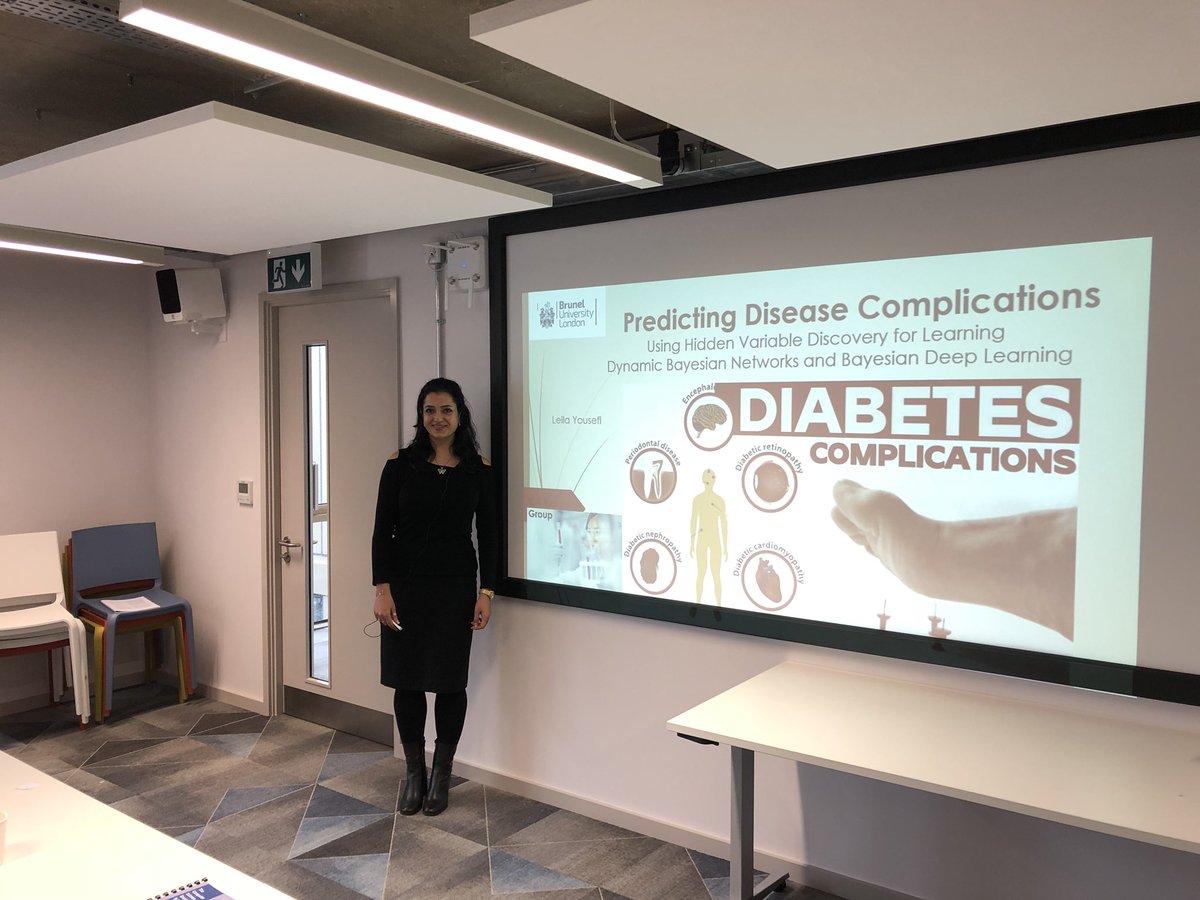 TheNajeeb's tweet photo. Leila Yousefi discussing Predicting Disease Complications Using Dynamic Bayesian Networks with Latent Variables @BrunelCompSci @Bruneluni Doctoral Colloquium #phd #phdforum https://t.co/zrYroNOOOX