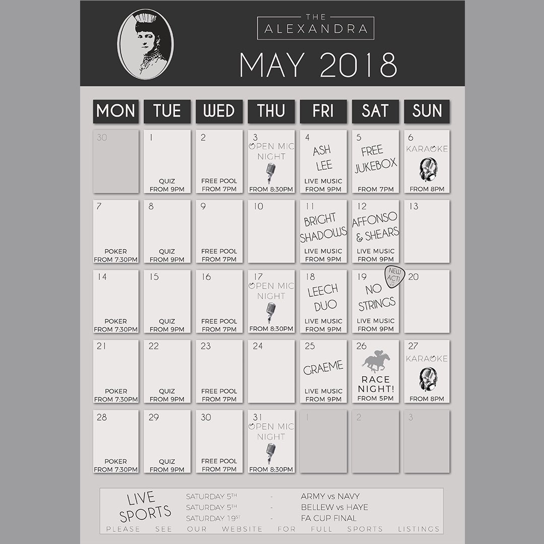 What's On at The Alex in May 🏇🏼🎵🎱 ♣️ ⚽️ #WhatsOn #May #BankHolidayWeekend #Karaoke #Farnborough #LiveMusic #Quiz #Poker #FreePool #LiveSports #OpenMic #Loyalty #RaceNight #FarnBiz