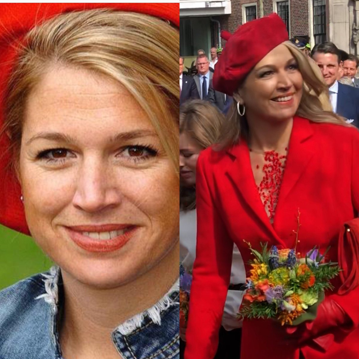 Koningin Máxima draagt eenzelfde rode baret vandaag in Groningen als in 2004 tijdens koninginnedag in Groningen. Nu niet met spijkerjasje, maar met rode mantel.