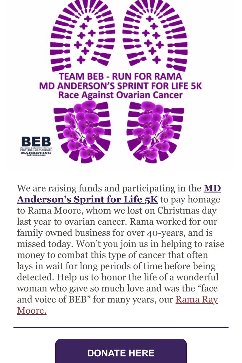 bebdata's tweet photo. Congratulations @BEBTX for surpassing your fundraising goal for @MDAndersonNews @SprintforLife #RunforRama Let’s shoot for $2,000?
https://t.co/GSQTHtNuIo https://t.co/j5gzsS2ekB