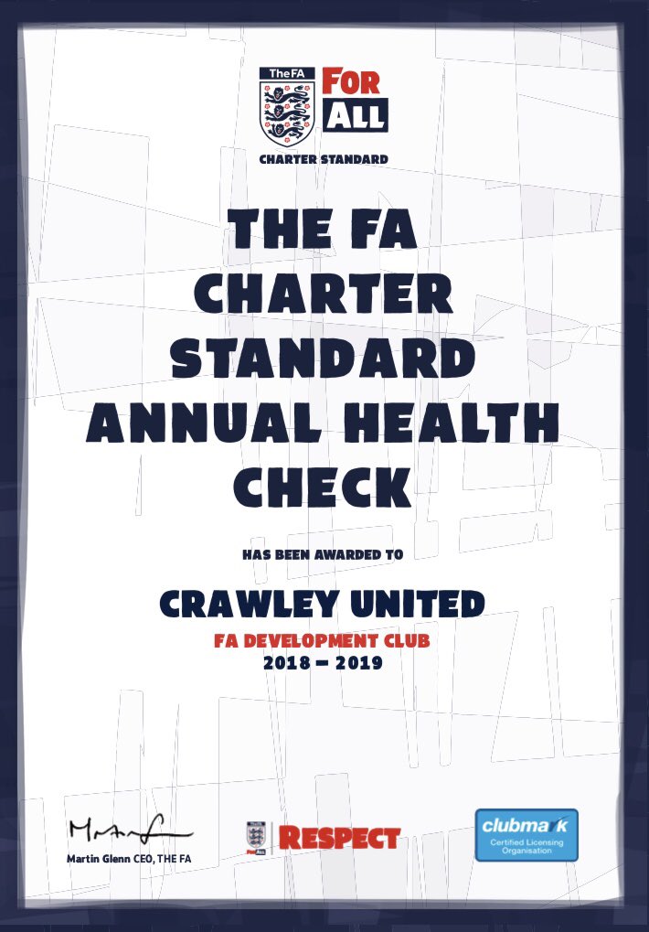CrawleyUnitedFC's tweet photo. Very proud to receive our @FA #CharterStandard Certificate today, for 2018/2019.  Safe and fun football #ForAlll.  Read more here:  https://t.co/TCtRhpufDe https://t.co/0zec7Cjq5C
