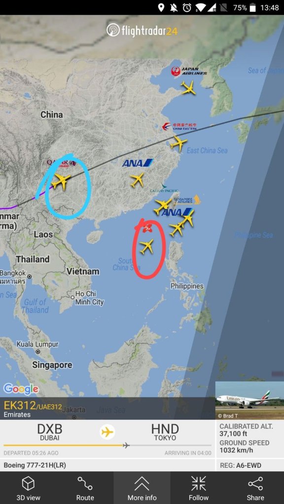 gurupratap's tweet photo. Race for Tokyo. Me in blue #EK312 racing my friend in red #D7522 to Haneda. Tracking courtesy @flightradar24 via #onairwifi onboard @emirates #avgeek #airasiax https://t.co/bAyIdfq7Su