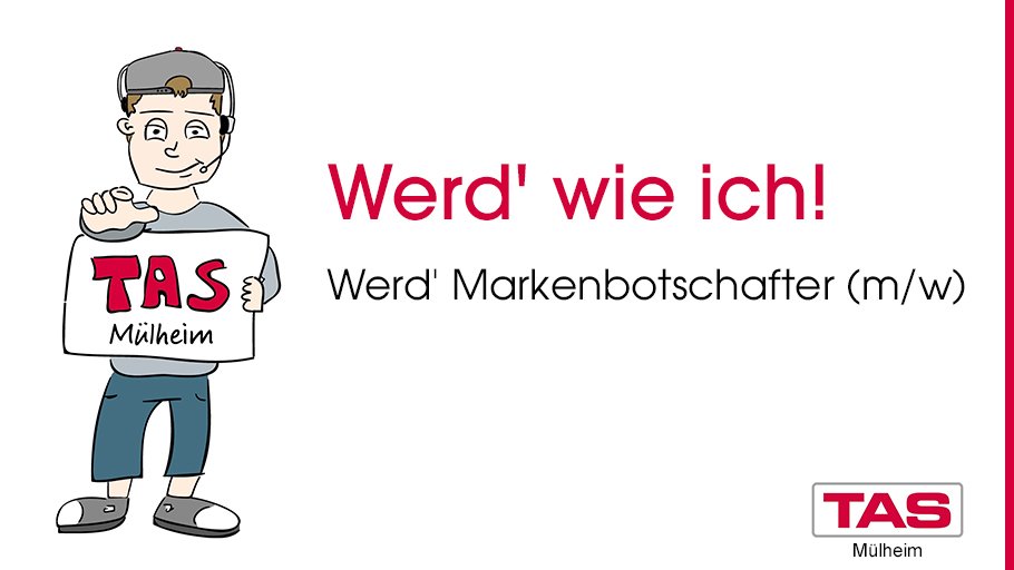 TAS_Muelheim's tweet photo. Werd' wie ich! 
Werd' Markenbotschafter (m/w)! Jetzt hier mehr erfahren und bewerben >>>
https://t.co/pfdjRoc7wo <<< #TAS #Mülheim #Markenbotschafter #Ruhrgebiet #JobAngebot https://t.co/R3TH5LhOOR