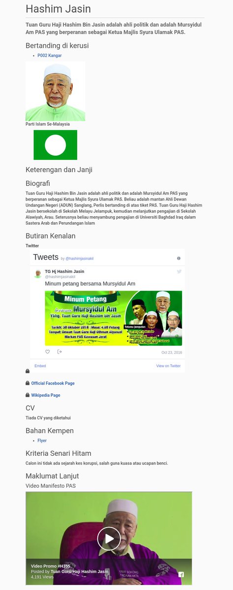 sinarproject's tweet photo. #GE14 Candidates that are transparent about their bio, have clear manifesto and campaign materials will look better to voters  

Candidate for #P002 Kangar from PAS @hashimjasinakil

https://t.co/bLBdxQi4kJ https://t.co/brsbGB10Yu