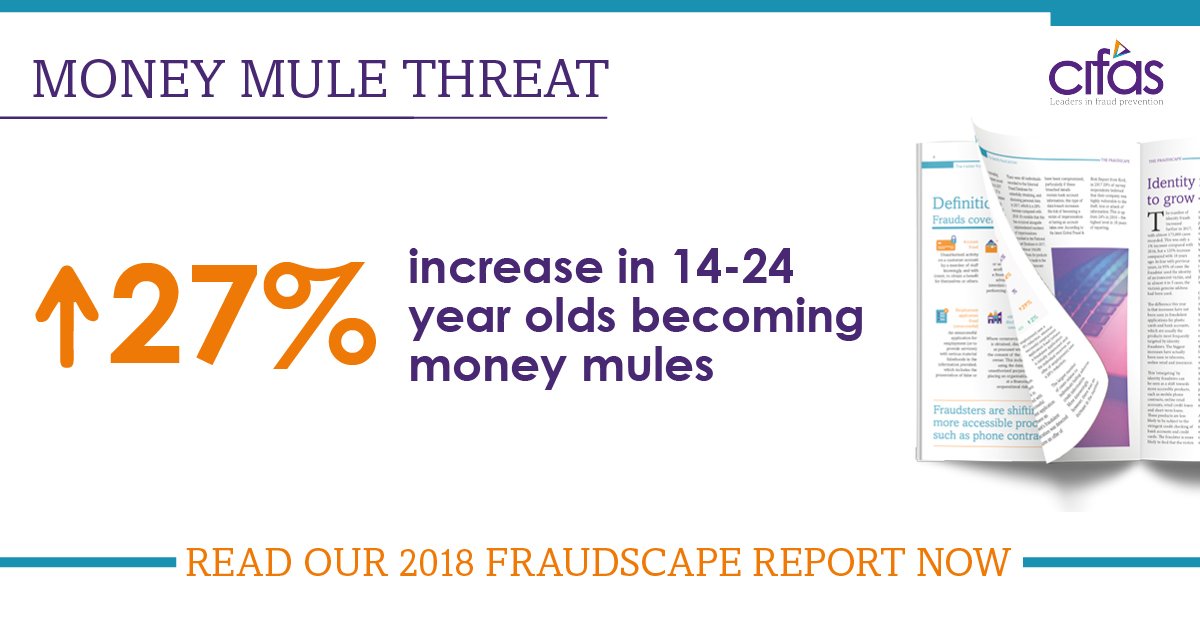 CifasUK's tweet photo. Our data shows there was a 27% increase in 14 to 24-year-olds becoming ‘money mules’ in 2017. Cifas urges the Government to do more in schools to educate young people about the consequences of fraudulent activity. https://t.co/f3xkpPWLbJ #Fraudscape https://t.co/cxuORJe8UG
