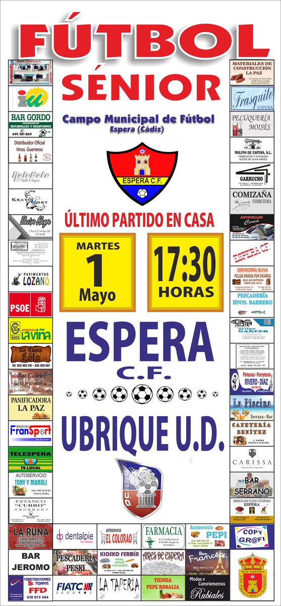 ¡¡El próximo Martes día 1 de Mayo jugamos el último partido en casa!!

Espera CF - Ubrique UD
