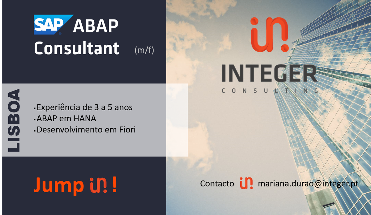 integer_consult's tweet photo. Hiring! SAP ABAP Consultant, Lisboa, JUMP IN! mariana.durao@integer.pt #integerconsulting #ITjob #Consultant #SAP #ABAP #ABAPSap #Lisboa #HANA #Fiori https://t.co/ZKHY1Qm2bC