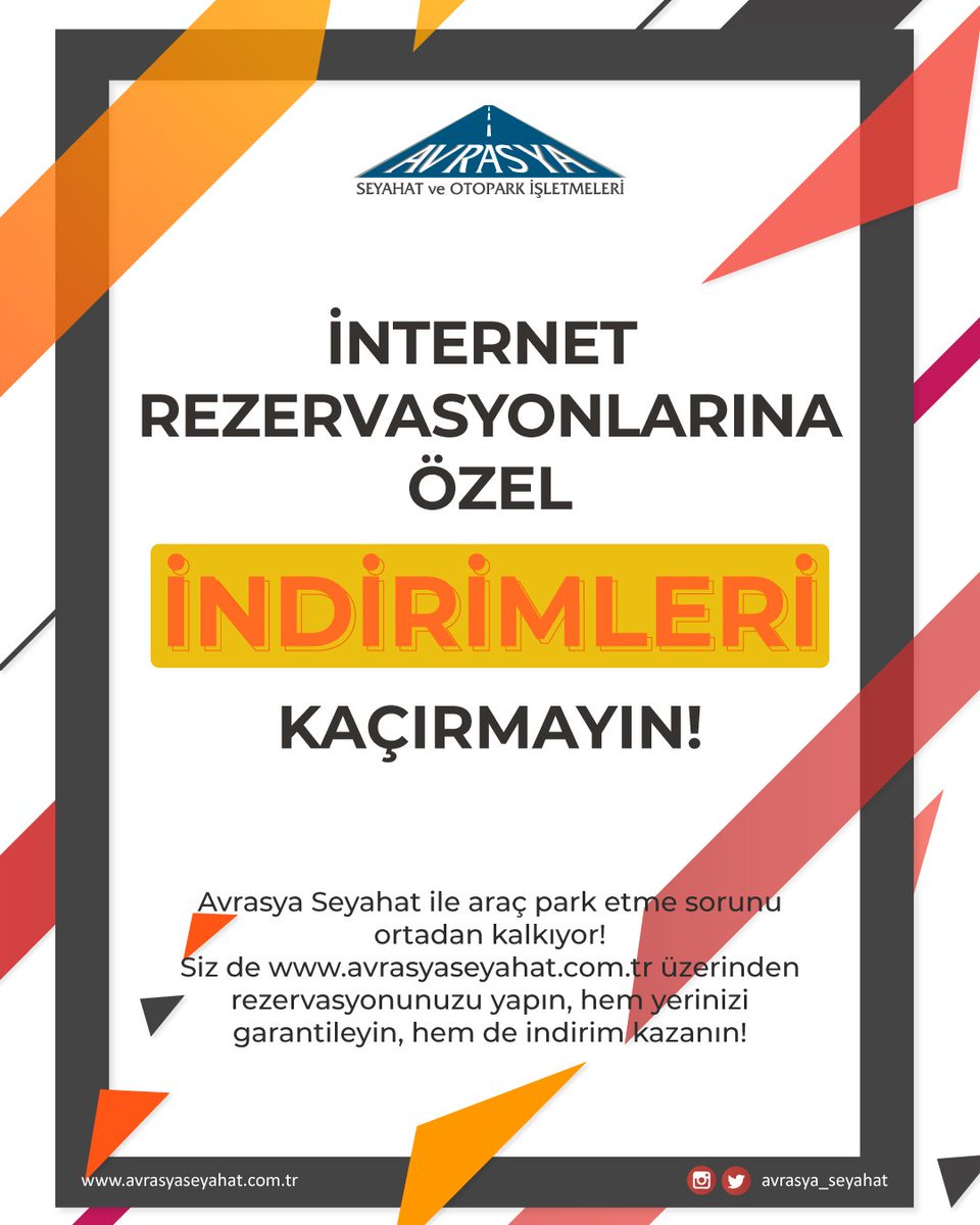 Özel indirimlerimizden faydalanmak için lütfen sitemizi ziyaret edin. 
avrasyaseyahat.com.tr
#avrasyaseyahat #otopark #abone #kayit #hizmet #kapaliotopark
#guven #onlineodeme #online #randevu