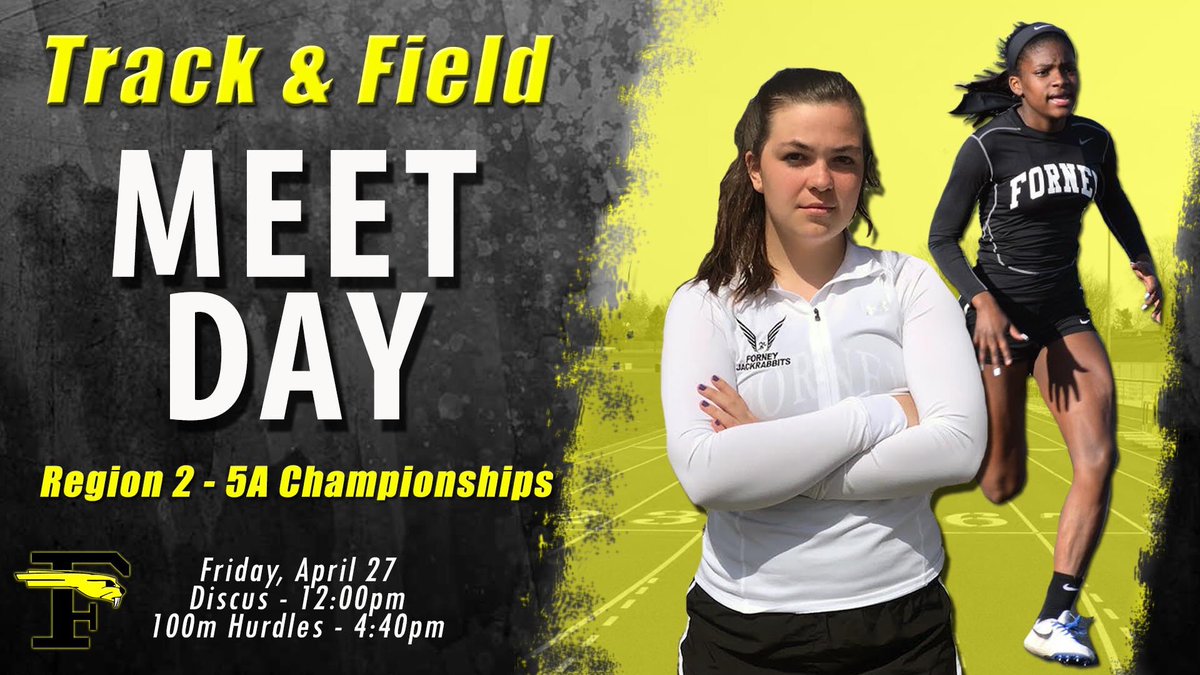 🚨MEET DAY🚨

Region 2-5A Championship
📍UT Arlington- Maverick Stadium 
⏱ Discus - 12pm
👟100m Hurdle Prelims - 4:40pm