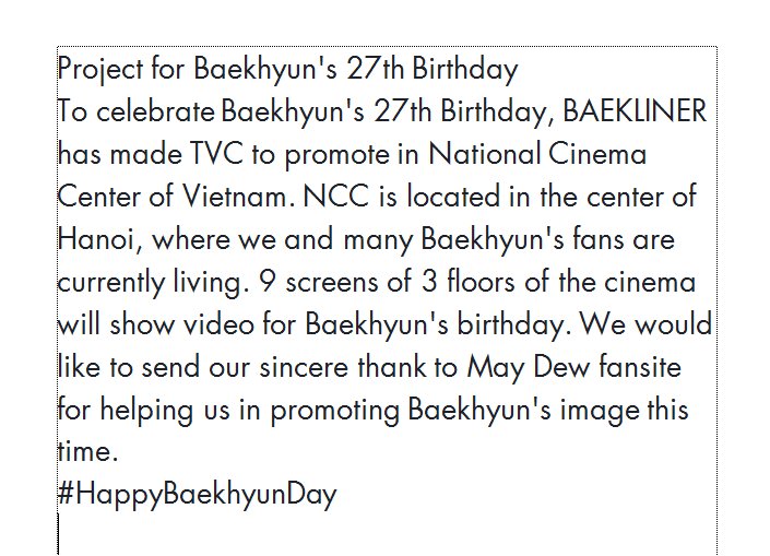 EXOBaekHyunVN's tweet photo. #HappyBaekhyunDay #Code9256the27th
To celebrate Baekhyun's 27th Birthday, BAEKLINER has made TVC to promote in National Cinema Center of Vietnam. ❤️
We would like to send our sincere thank to May Dew fansite for helping us in promoting Baekhyun's image this time 🤗@glareheaven https://t.co/zXFeUshBnf