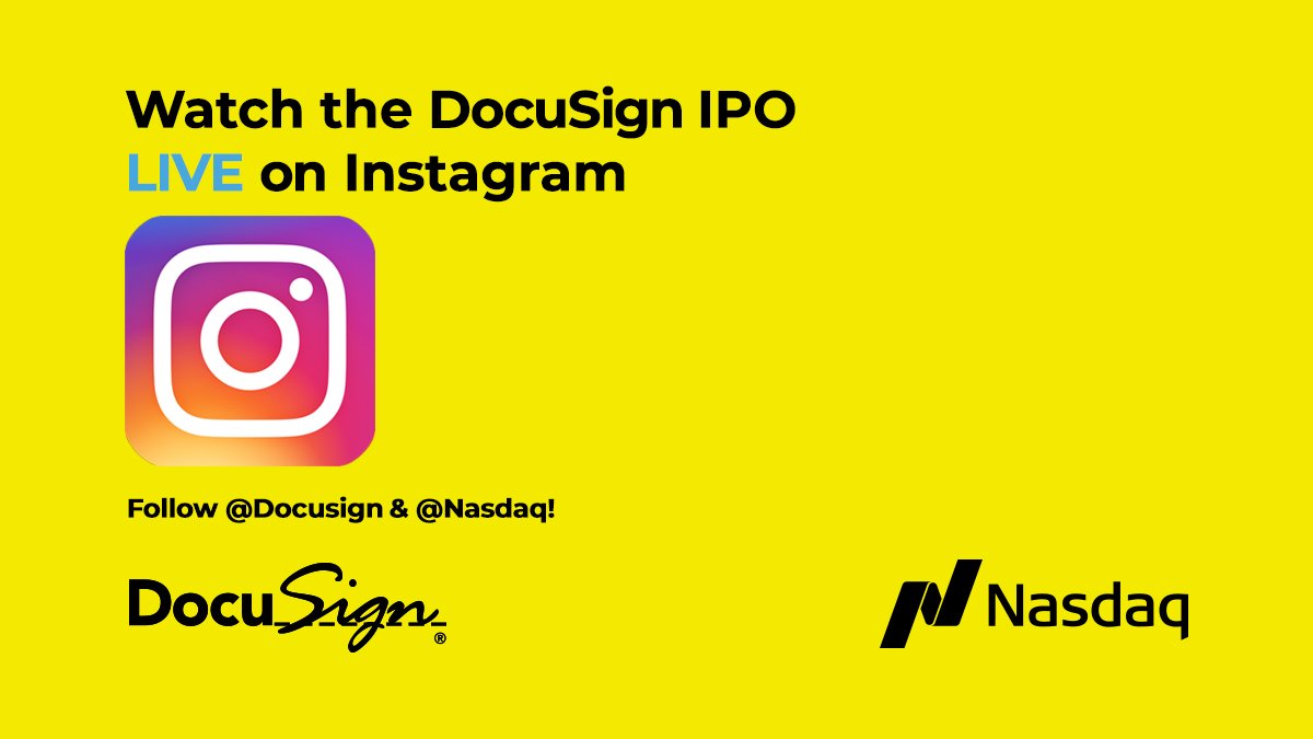 Docusign's tweet photo. Follow @DocuSign &amp; @Nasdaq on Instagram Stories for an exclusive behind-the-scenes look into this historic day: https://t.co/6SagstuwW9. #WeDocuSign https://t.co/Sx1RDkREWQ