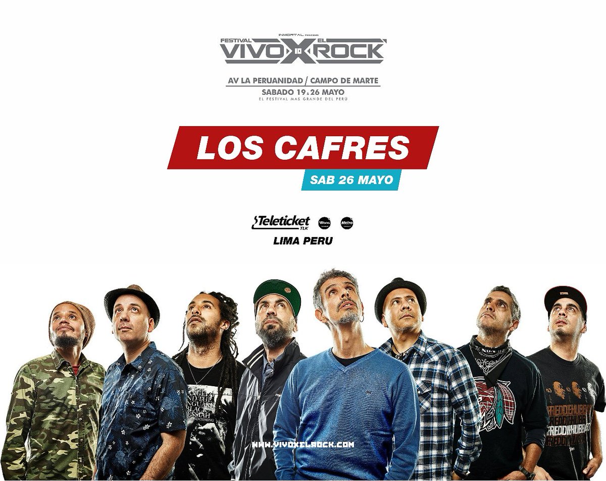 LOSCAFRES's tweet photo. SABADO 26 DE MAYO
LOS CAFRES EN LIMA
FESTIVAL VIVO X EL ROCK 10

#LosCafresOficial
#LosCafres #reggae #AlasCanciones #Peru #Lima #vivoxelrock10 https://t.co/hTJONGEgIO