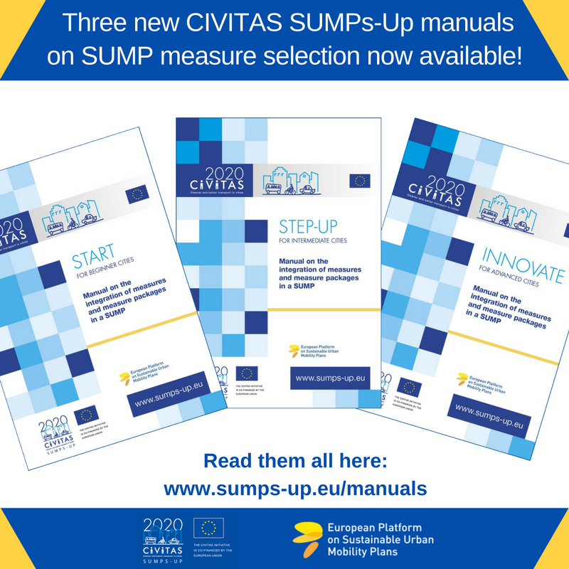 CIVITAS_SUMPsUp's tweet photo. NEW RELEASE! Read our three manuals advising cities on a topic crucial to #SUMP development - measure selection. All levels of SUMP experience are covered, with manuals for beginner, intermediate, and advanced cities: https://t.co/eFa8Wl1HbH https://t.co/322Jt25CrF