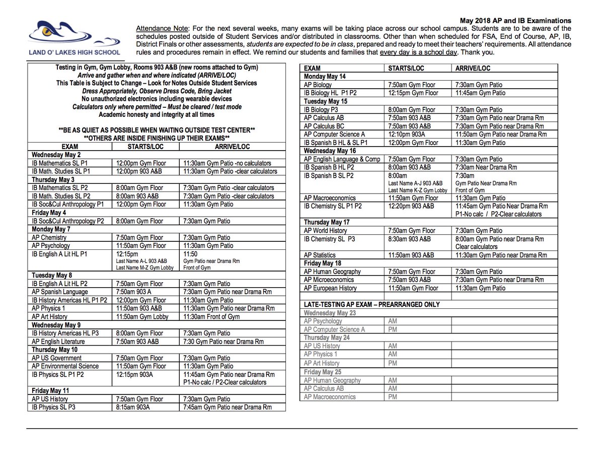 Mr Jarke On Twitter Exam Schedule For Ap And Ib Testing Also See Resources On School Website This Is Your Opportunity To Demonstrate Your Best Https T Co Lrwdstzypv Land O Lakes High School Calendar