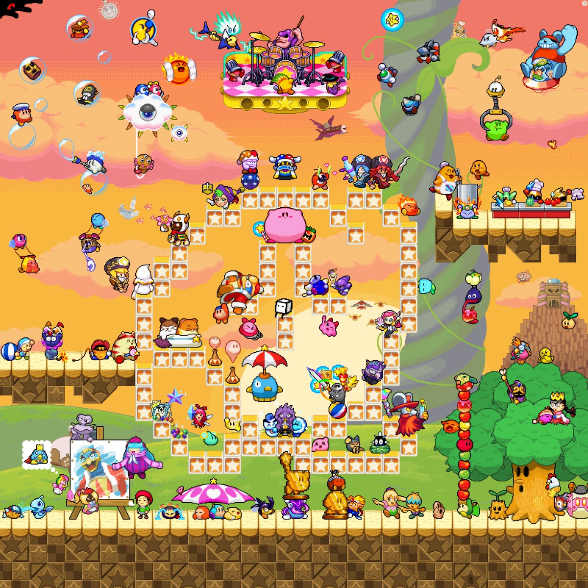 Jon Na Twitteru オマケ 途中で没にした夕焼けバージョン 中央のカービィブロックが背景に溶け込んじゃうので完成間近で没にしましたｗ 星のカービィ26周年 Happy26thbirthdaykirby