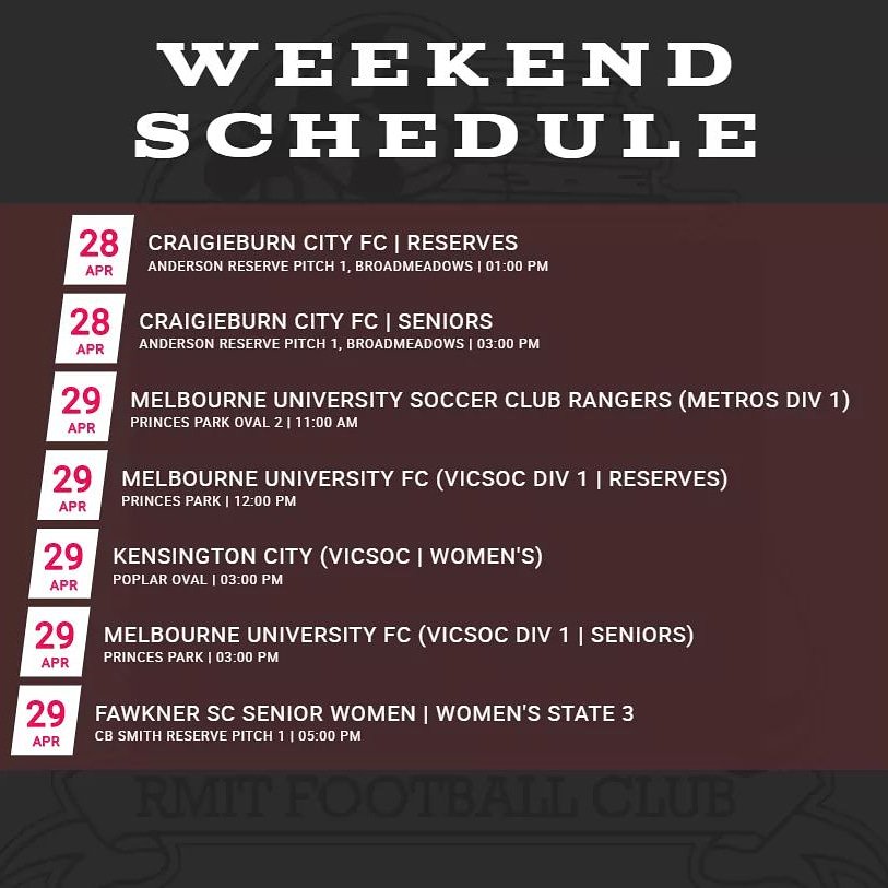 RMITFC's tweet photo. Gear up for yet another busy weekend! #coyr #getactive #rmitsport @RMITSport @WeR4Football @FFV365 https://t.co/hfi2X5Rx8B