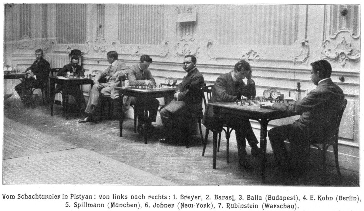 ChessMarginal's tweet image. Bad Pistyan 1912.
Rubinstein on the far right won the tournament ahead of Spielmann, who is sitting at the next table looking at the photographer.
(Source: Sport und Salon, 6 July 1912) #chess