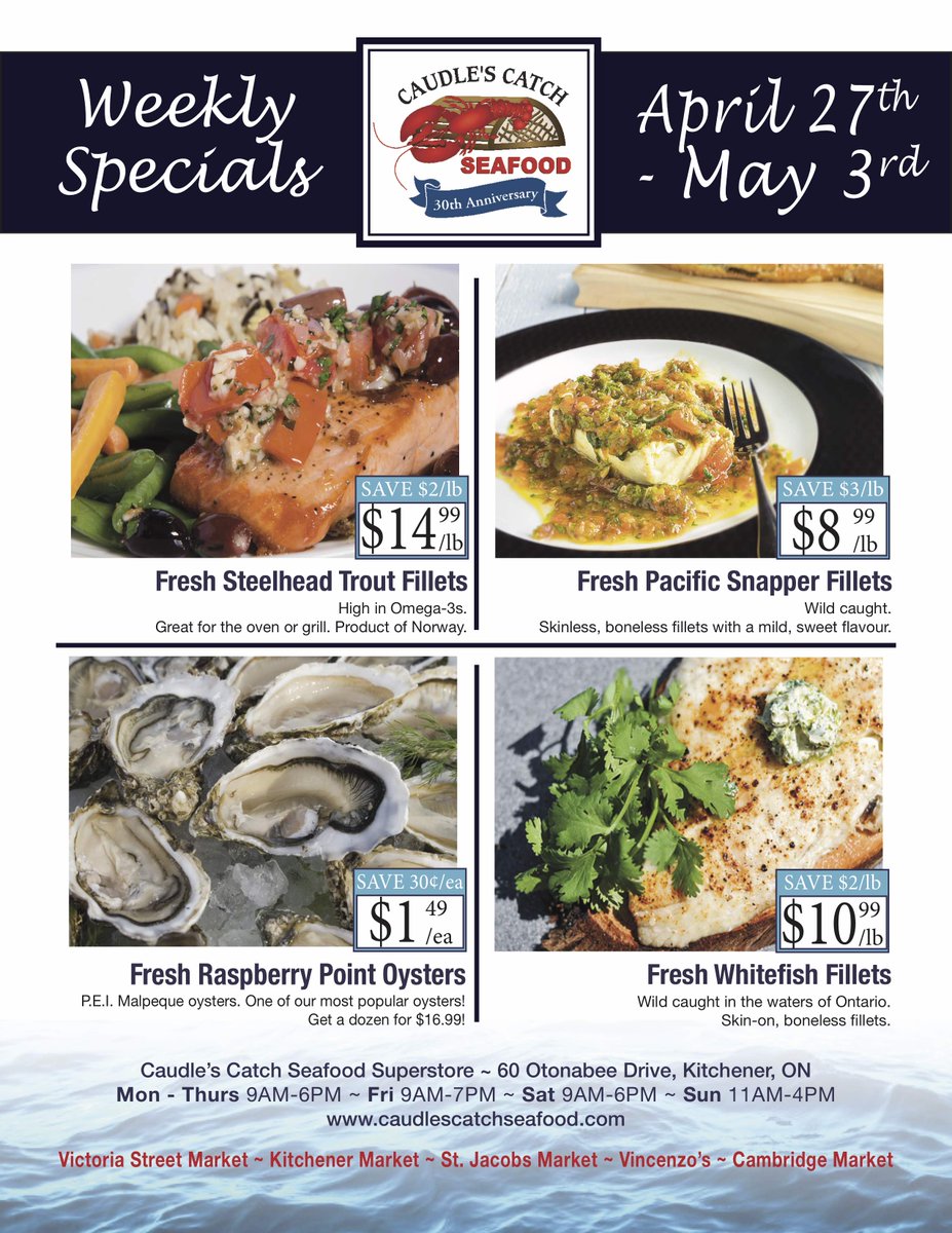 CaudlesCatch's tweet photo. Our #flyer for #specials till May 3rd is up, including our #Weekend #SuperSpecial of #Fresh #IcelandicCod Fillets for only $11.99/lb, Save $3!

Visit our @VSM_market, @VincenzosTweet, #CambridgeFarmersMarket, #KitchenerFarmersMarket, @stjacobsmarket, Superstore and online store! https://t.co/YgSMgTTeQf