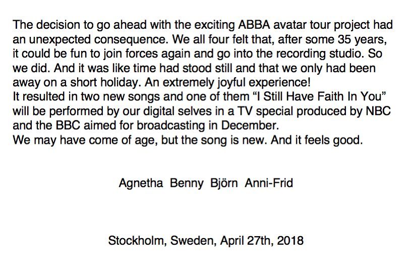 c Press Office Thank You For The New Music Abba We Ll Bring You More Info On This Announcement In Due Course c Press Office Thank You For The New Music Abba We Ll Bring You More Info On This Announcement In Due Course