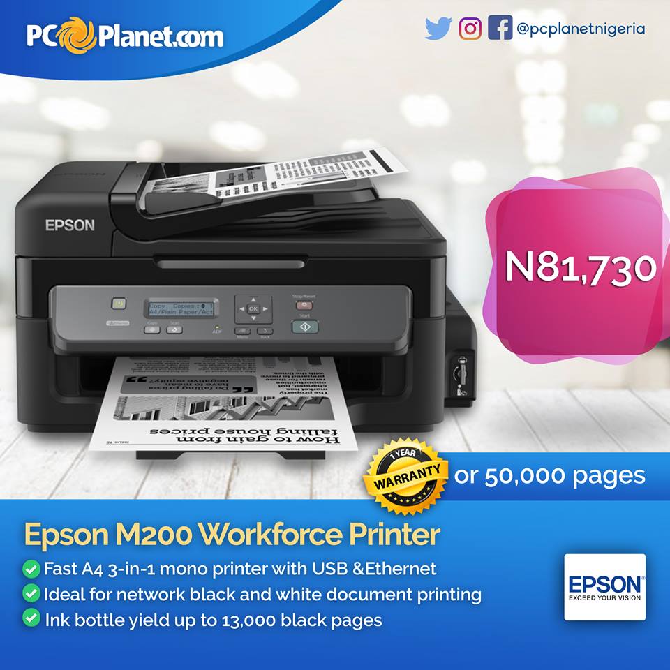 Pcplanet Com On Twitter Epson M200 Workforce Printer For Home And Office Use With Ink Bottle Yield Up To 13 000 Black Pages Print Easily Using Wifi And Usb Call 08140000114 08170000014 Https T Co Wiyevaxxdb