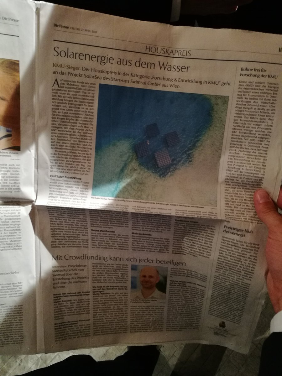 SwimsolGmbH's tweet photo. Last night was an amazing honor! Swimsol won the 1st place of the .@Houskapreis 2018 #innovation award providing us with € 150,000 to keep bringing #solar energy to the tropics! #SolarSea #GreenEnergy
https://t.co/lqNGGKhKBZ https://t.co/FYKX6zyisL