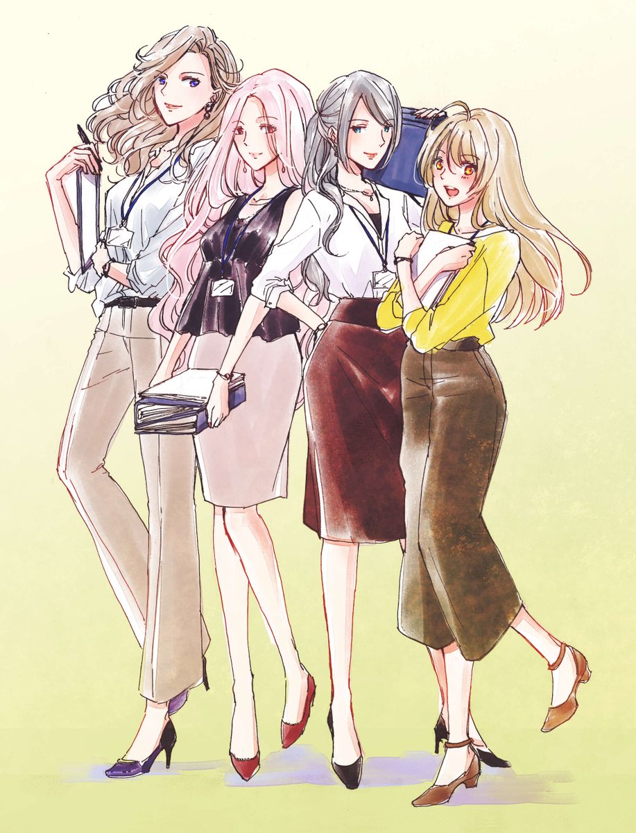 4girls multiple girls skirt long hair high heels pants pink hair  illustration images