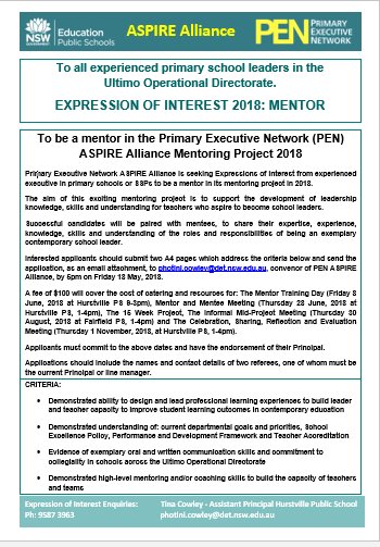 Primary Exec Network (@penconference) on Twitter photo Have a look at the EOI's for our 2018 ASPIRE Alliance Mentoring Project! For more details go to the PEN website or contact <a href="/photini_c/">Tina Cowley</a> . EOI's for both Mentors and Mentees due May 18. <a href="/oliviahermon/">Olivia Hermon</a> <a href="/kindisd/">Dora Kindis</a> <a href="/CourtneyJKnight/">Courtney Knight</a> <a href="/carla_d_a/">Carla De Angelis</a> <a href="/SylviaJCorish/">Sylvia Corish</a> Have a look at the EOI's for our 2018 ASPIRE Alliance Mentoring Project! For more details go to the PEN website or contact <a href="/photini_c/">Tina Cowley</a> . EOI's for both Mentors and Mentees due May 18. <a href="/oliviahermon/">Olivia Hermon</a> <a href="/kindisd/">Dora Kindis</a> <a href="/CourtneyJKnight/">Courtney Knight</a> <a href="/carla_d_a/">Carla De Angelis</a> <a href="/SylviaJCorish/">Sylvia Corish</a>